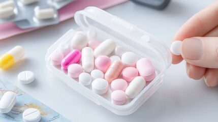 Packing vitamins for a healthy week of travel with essential items on a clean desk