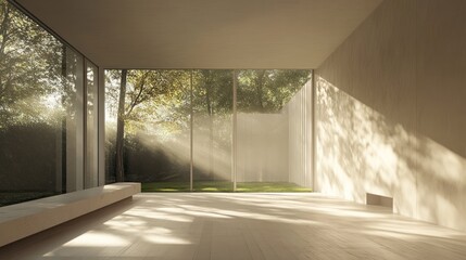 Minimalist Room with Sunlight Streaming Through Large Windows