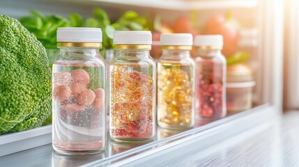 A person enjoys a vibrant moment pouring vitamins into their hand near a fridge brimming with fresh produce and healthy options