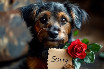Cute dog with red rose and sorry note — belated birthday wishes, apology