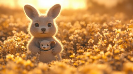 A whimsical plush kangaroo with a baby joey basking in soft desert light and surrounded by warm pastel tones