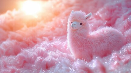 A cute plush llama toy stands on a sparkling pastel hill during a serene sunset filled with soft colors and warmth