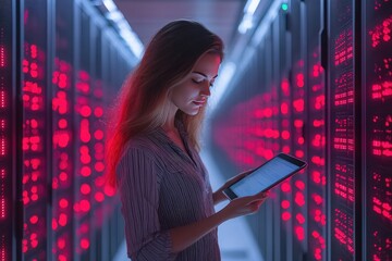 Young Female IT Professional Managing Data in a Modern Server Room with Red LED Lights