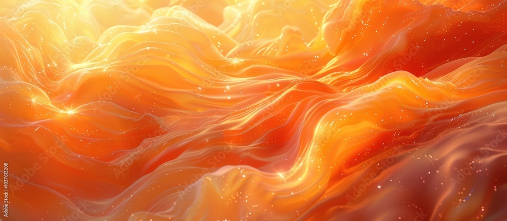 Poster abstract background of flowing orange and yellow liquid with sparkling particles.