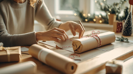 a woman hands are wrapping the christmas gifts for her party gift 