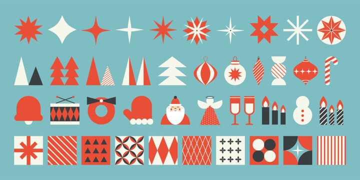 Colorful Retro Christmas Modern Geometric Holiday Icon Collection