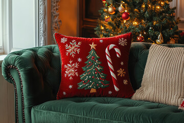 the green velvet easy chair sofa with red pillow Christmas theme in the well decorated home for the party 