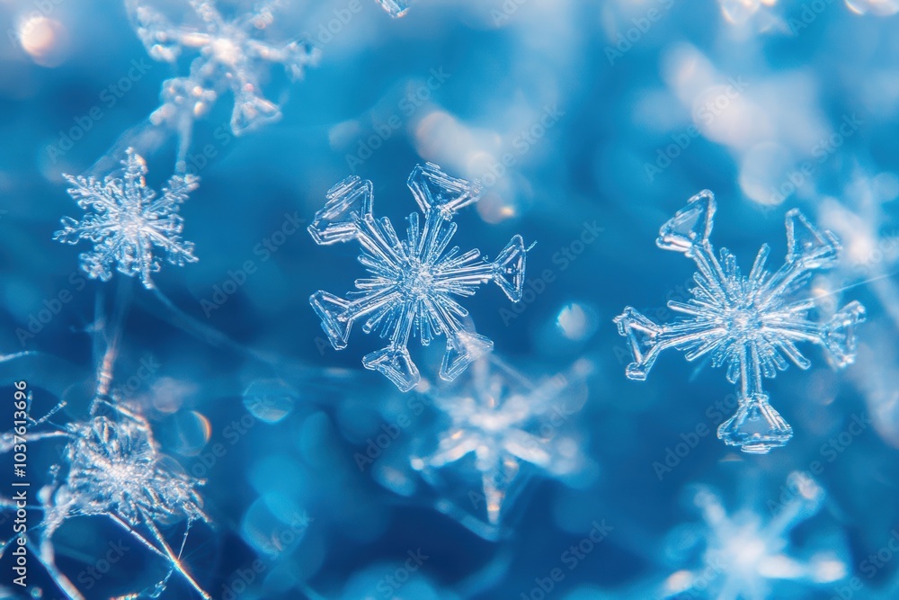 Aufkleber Delicate, shimmering snowflakes float gracefully against a tranquil blue backdrop, showcasing intricate patterns of winter's artistry. Generative AI