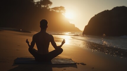 Fototapeta premium A man meditating on the beach during sunset, surrounded by nature and tranquility.