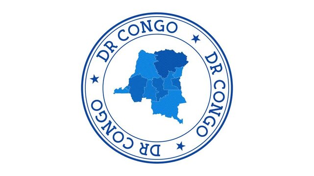 DR Congo intro. Badge with the circular name and map of country. DR Congo round logo animation.