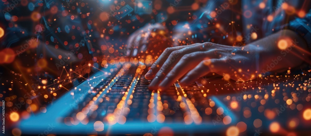 Poster close-up of hands typing on a keyboard with glowing digital particles surrounding them.