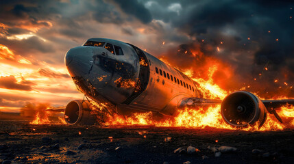 Dramatic airplane crash scene with intense fire erupting, accident disaster showing damage amid explosion smoke during emergency catastrophe