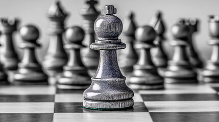 One chess piece stands against a full set, representing the challenge of competing successfully. This shows the importance of strategy, teamwork, and leadership in overcoming difficult situations. 