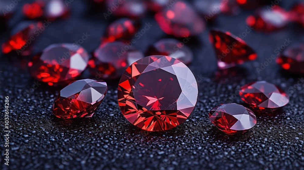 Poster a dazzling array of garnets in various cuts glimmering on a sleek black surface creates a captivatin