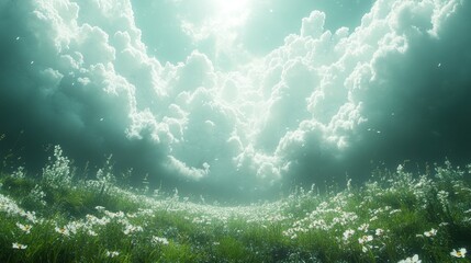 Fototapeta premium Serene landscape of clouds and wildflowers under a radiant sky