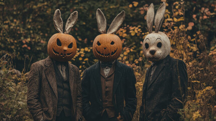 Three eerie figures, wearing pumpkin and rabbit masks, stand in a spooky garden. Their strange clothes and the vintage setting create a chilling Halloween vibe. 