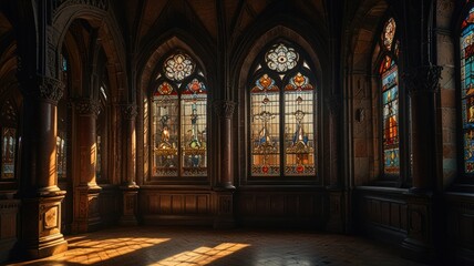 Fototapeta premium Sunlight streams through stained glass windows in a dimly lit room with arched doorways.