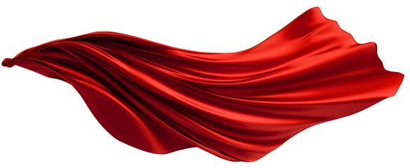 Majestic superhero in flowing costume with dramatic cape in red, isolated cloak of fabric silk satin showing superpower presence