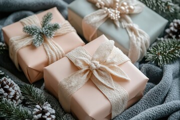 Elegant Winter-Themed Gift Boxes with Rustic Decorations and Evergreen Branches