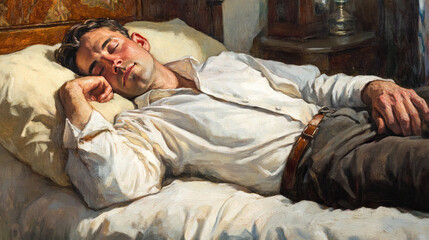 Fototapeta premium A tired man in his work clothes is fast asleep in bed at home
