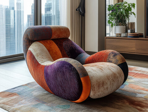 Japandi, minimalist interior design of modern living room. Colorful voluptuous reading chair.