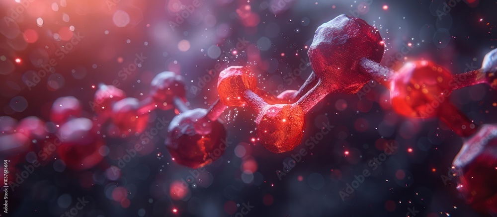 Poster red glowing molecules connected to each other in a 3d rendering.
