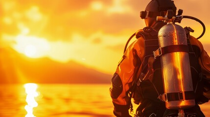 A man in a scuba diving suit is standing on the beach at sunset
