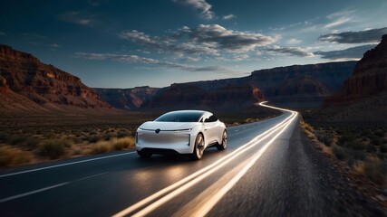 Fototapeta premium white car at dusk in the mountains