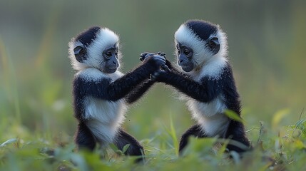 Fototapeta premium Two baby black and white colobus monkeys facing each other, standing on their hind legs with their arms raised in the air.