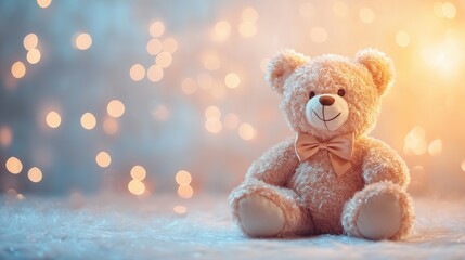 A charming teddy bear with a bow sits in a cozy room adorned with gentle pastel shades and glowing fairy lights during a serene evening