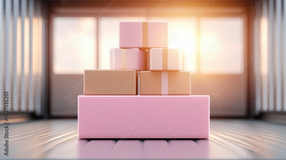 Poster sunlight filters through a shipping container, illuminating a stacked arrangement of colorful packag