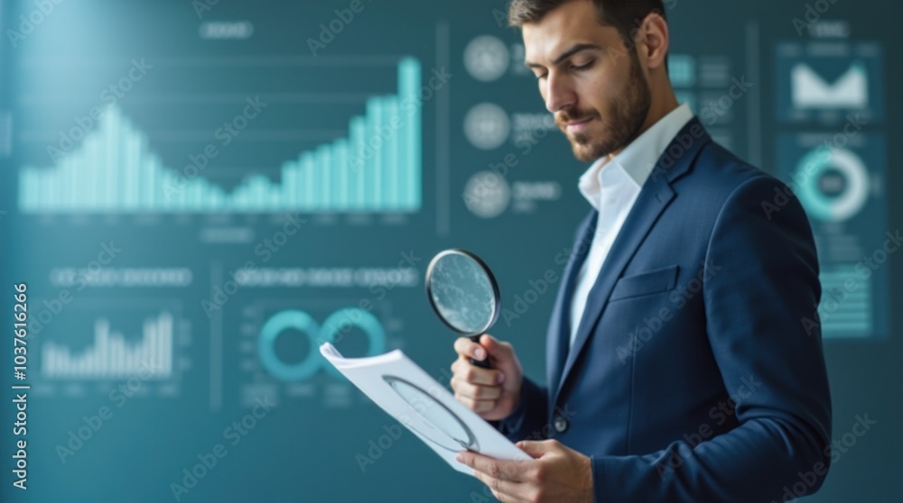 Poster businessman examining documents with magnifying glass and analyzing charts on the background