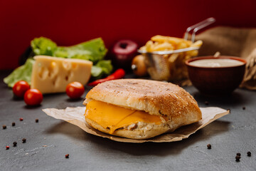 Toasted sandwich with melted cheddar cheese, perfect for breakfast or snack lovers seeking food