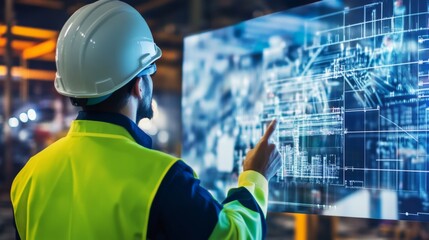A project manager reviewing construction progress on a digital screen with real-time updates, Progress review scene, Digital oversight style