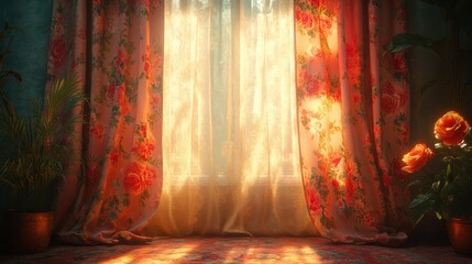Sunlit elegance a floral curtain embracing nature's light