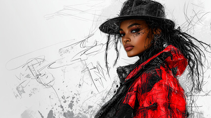 Fashion Illustration: Woman in Red Jacket and Black Hat