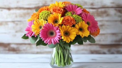 A stunning bouquet of hot pink gerbera daisies and cheerful sunflowers in a clear vase on a rustic white wooden table