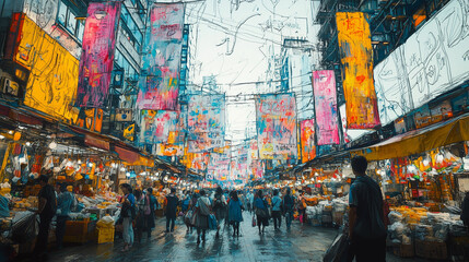 Fototapeta premium Vibrant Street Market Scene in a Bustling Asian City