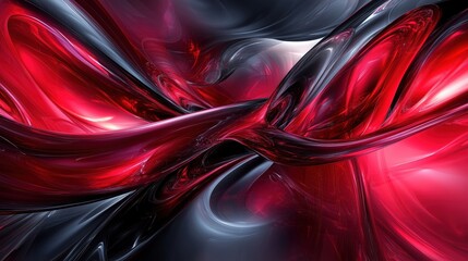 Dynamic interplay of bold ruby red and black fluid forms creating a dramatic 3D abstraction with striking metallic reflections