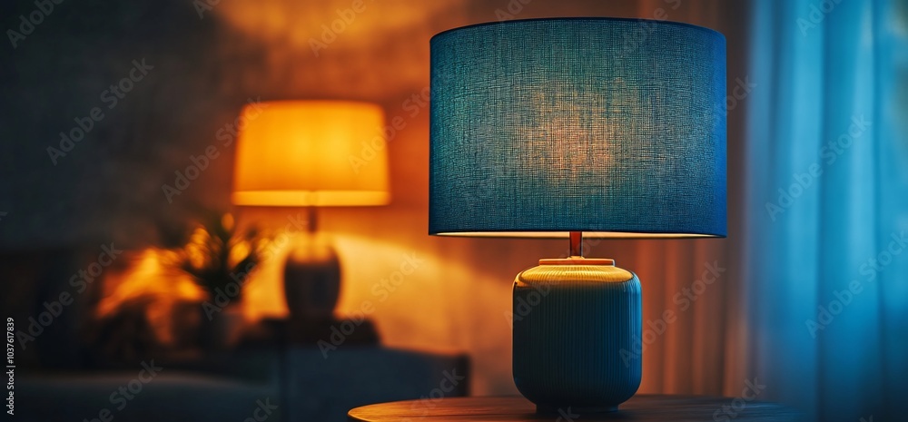Poster a blue lamp with a fabric shade sits on a table next to a window, casting a warm glow in a dimly lit