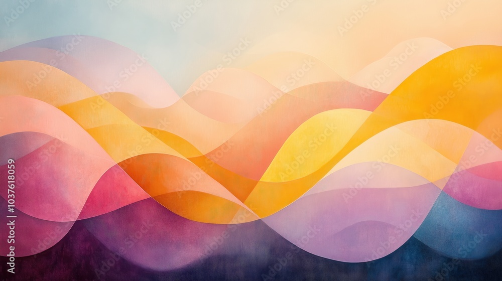 Poster a serene abstract composition of pastel colors capturing the essence of a gentle sunrise with curved