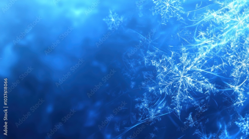 Poster intricate snowflakes shimmer with a spectacular glow against a calming blue background, evoking a se