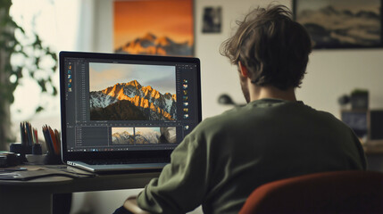 Professional laptop man editing, creative photo editor computer, software picture retouch image, digital designer workspace, artistic photography studio