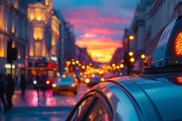 Obraz premium A vibrant city street at dusk with colorful skies. Taxis and cars fill the busy road under city lights. Perfect for urban and travel themes. Generative AI