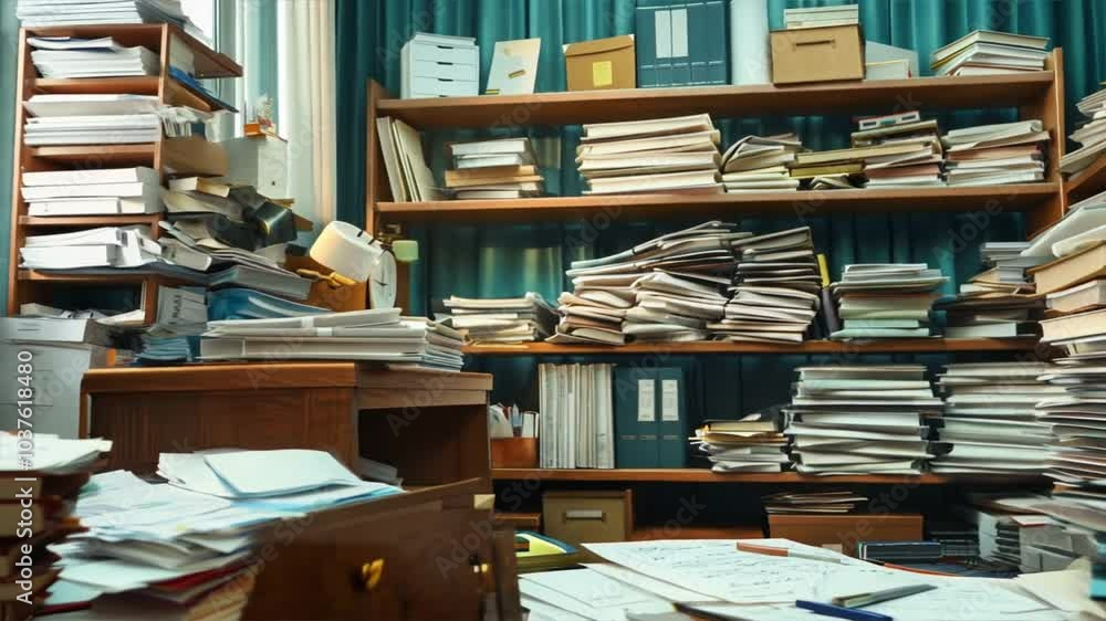 Poster Cluttered Workspace Stacks of Books and Papers Create Chaotic Yet Intellectually Stimulating Environment
