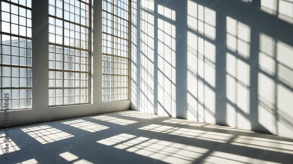 Poster sunlight streams through large windows, casting geometric shadows across the floor of a spacious roo
