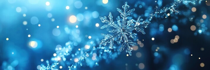 Fototapeta premium Delicate snowflakes sparkle in an abstract design, creating a magical winter ambiance with shimmering lights and icy hues. Generative AI