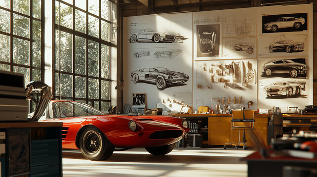 古典と未来を描いた車の設計図