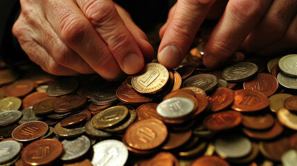 A man carefully places a coin on top of a pile of coins, representing financial security and saving money. 
