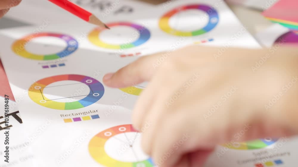 Poster slow motion hand closeup of two designer brainstorming and choosing color for graphic design working